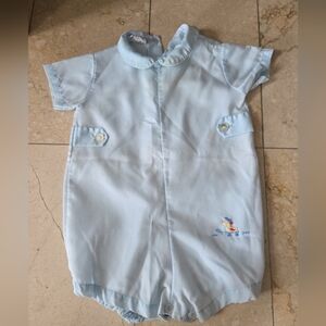 Vintage Young-Mate Baby Boy Blue Romper One Piece Embroidered Rocking Horse 6–12